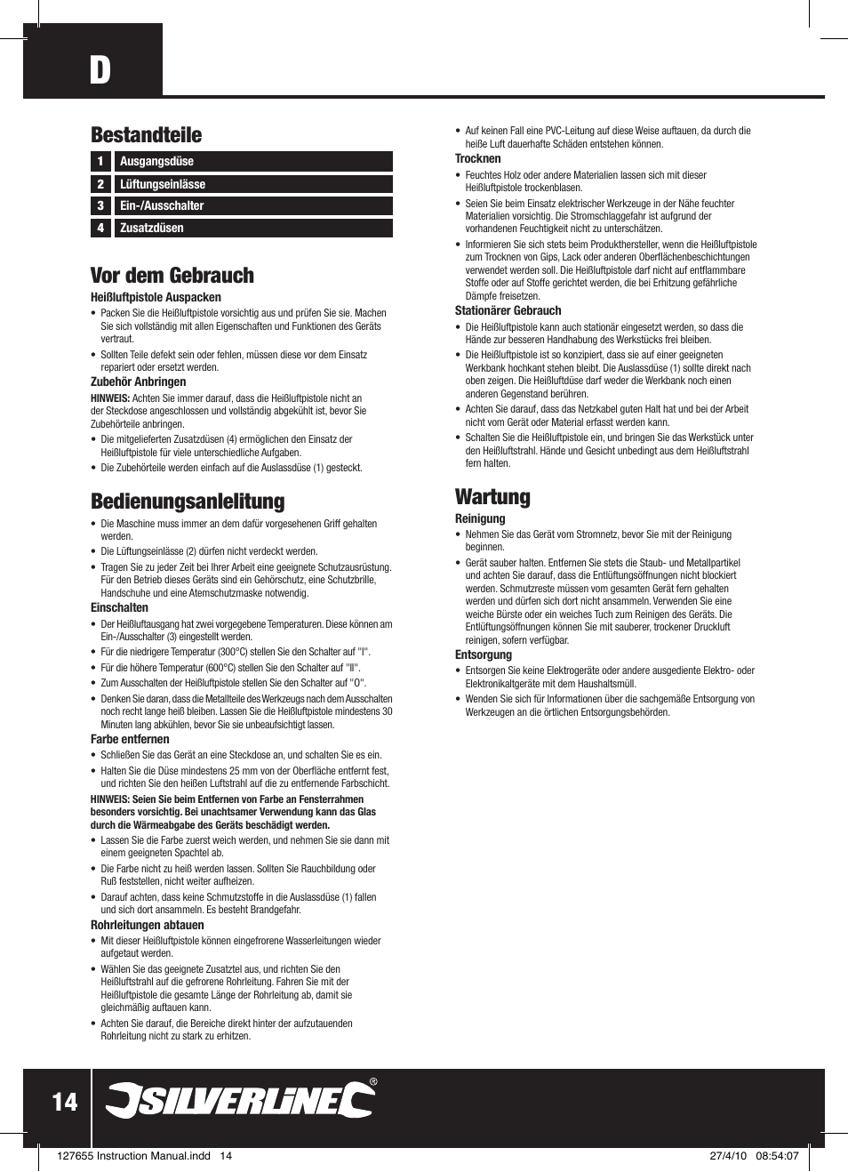 Bestandteile vor dem gebrauch, Bedienungsanleiitung, Wartung | Silverline Hot Air Gun 2000W User Manual | Page 15 / 28