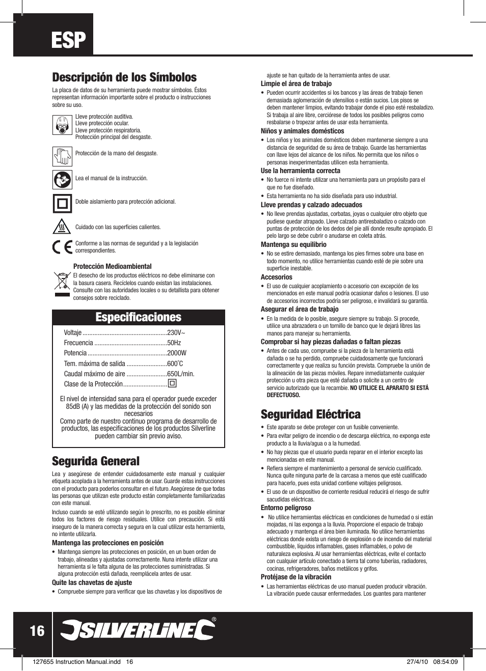 Especificaciones, Seguridad eléctrica, Descripción de los símbolos | Segurida general | Silverline Hot Air Gun 2000W User Manual | Page 17 / 28