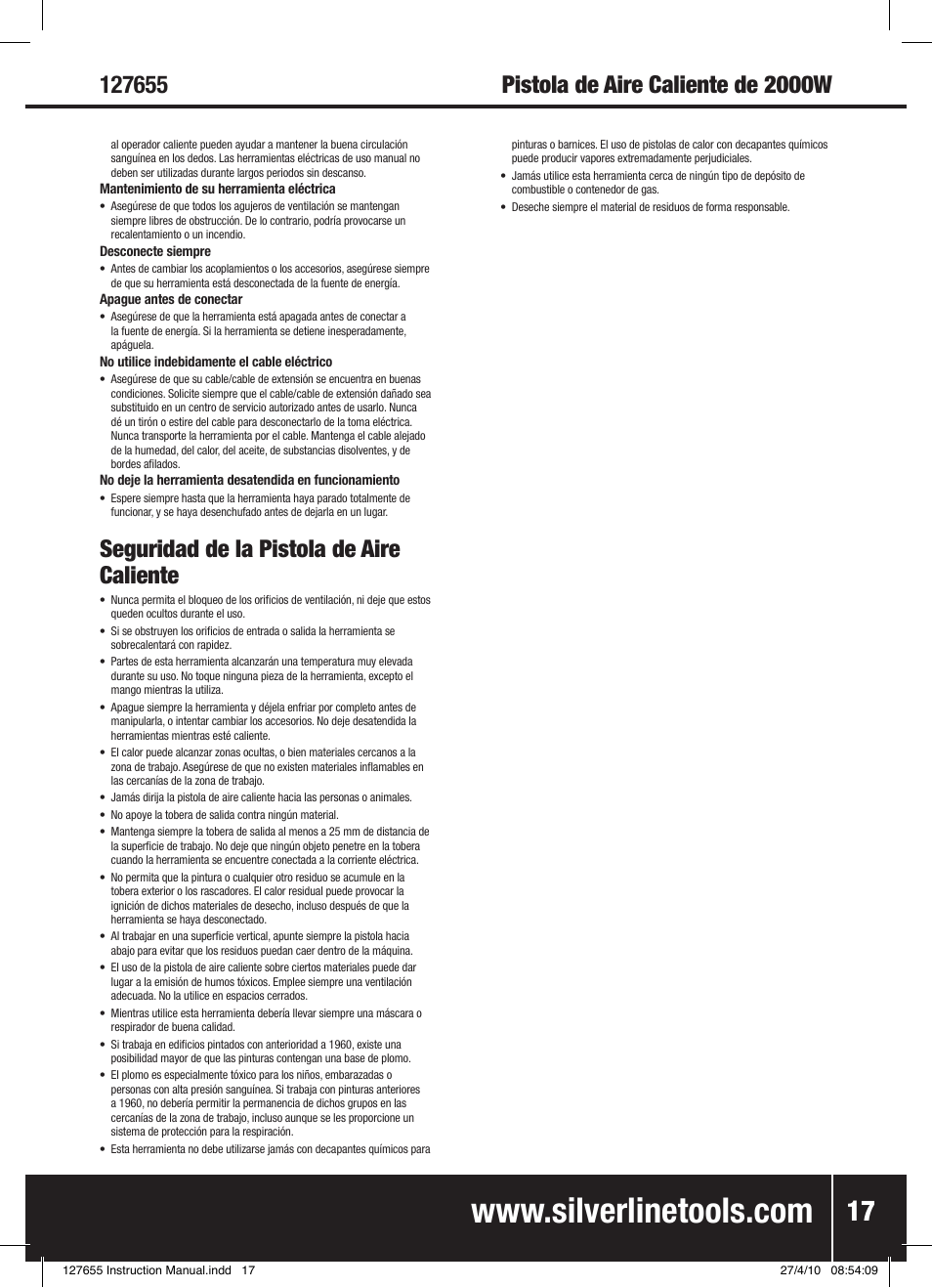Seguridad de la pistola de aire caliente | Silverline Hot Air Gun 2000W User Manual | Page 18 / 28
