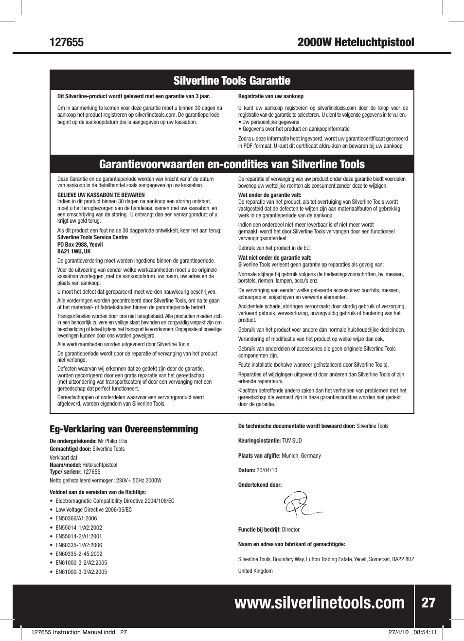 Eg-verklaring van overeenstemming | Silverline Hot Air Gun 2000W User Manual | Page 28 / 28