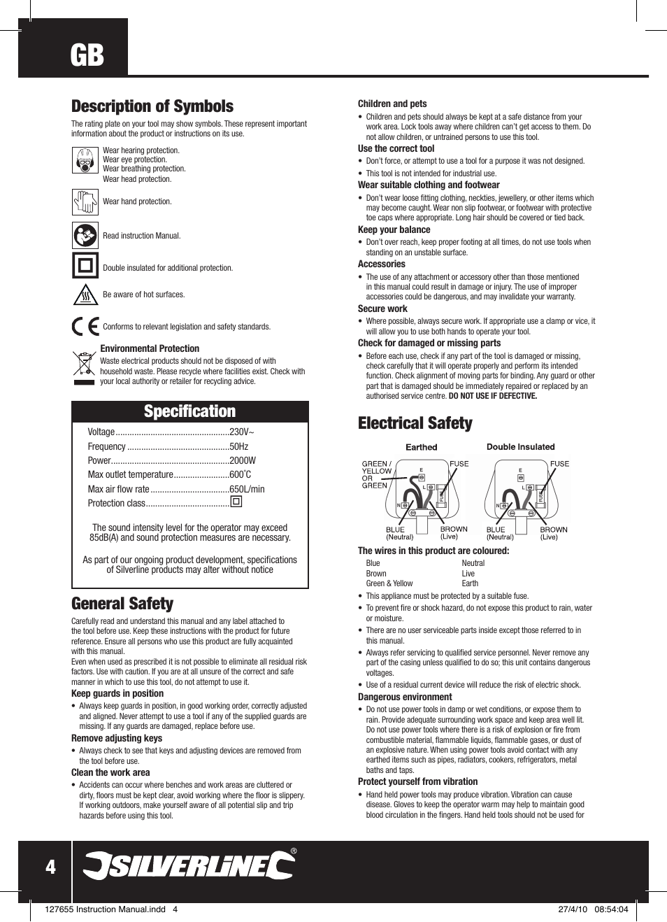 Electrical safety, Specification, Description of symbols | General safety | Silverline Hot Air Gun 2000W User Manual | Page 5 / 28