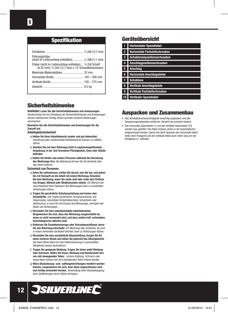 Sicherheitshinweise, Spezifikation, Geräteübersicht auspacken und zusammenbau | Silverline Dovetail Jig 300mm User Manual | Page 13 / 28