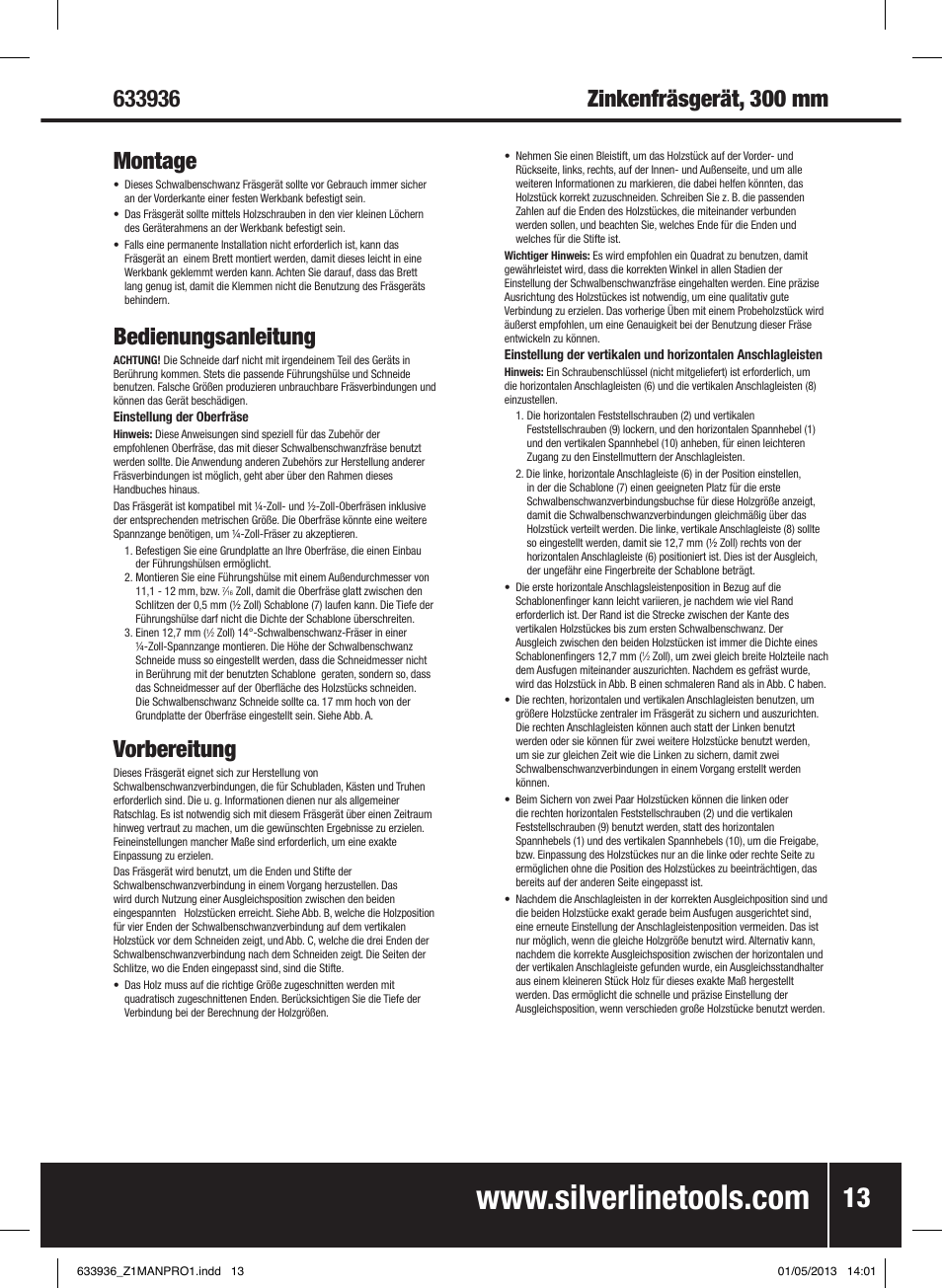 Bedienungsanleitung, Vorbereitung | Silverline Dovetail Jig 300mm User Manual | Page 14 / 28