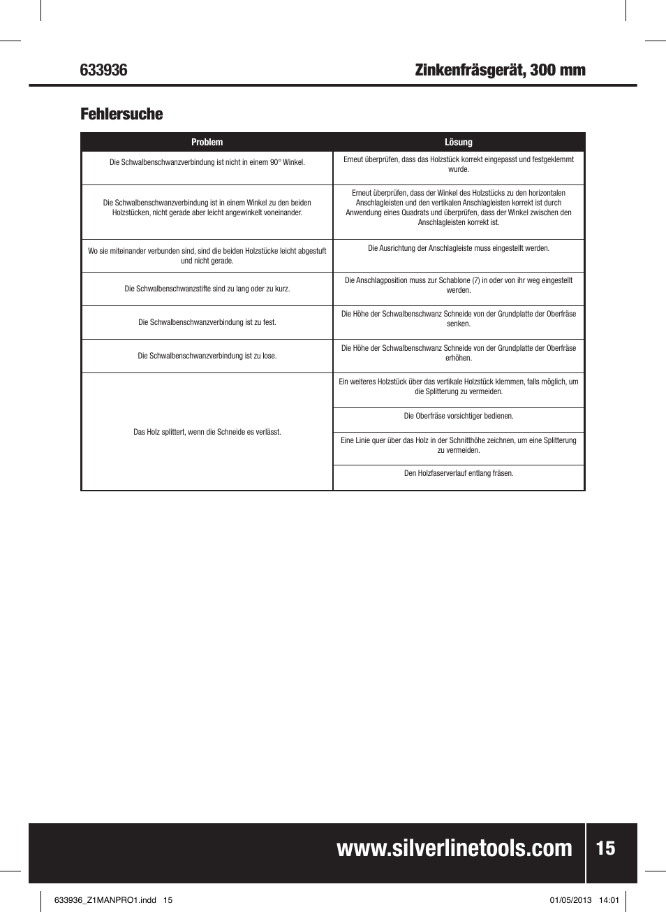 Fehlersuche | Silverline Dovetail Jig 300mm User Manual | Page 16 / 28