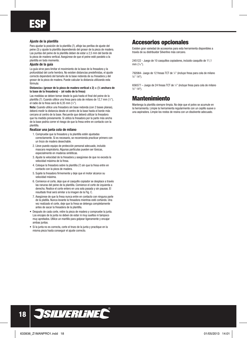 Accesorios opcionales, Mantenimiento | Silverline Dovetail Jig 300mm User Manual | Page 19 / 28