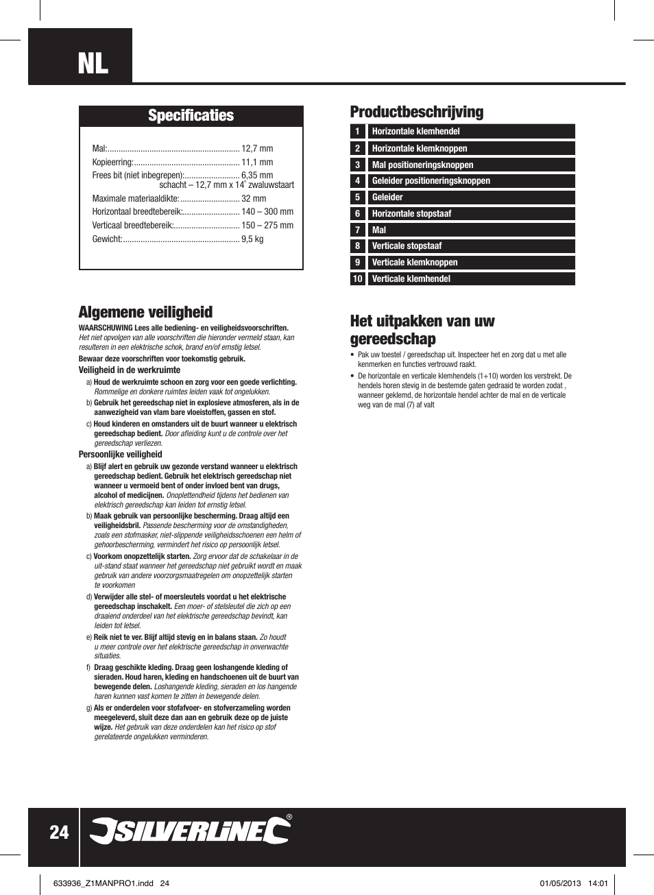 Algemene veiligheid, Specificaties, Productbeschrijving | Het uitpakken van uw gereedschap | Silverline Dovetail Jig 300mm User Manual | Page 25 / 28