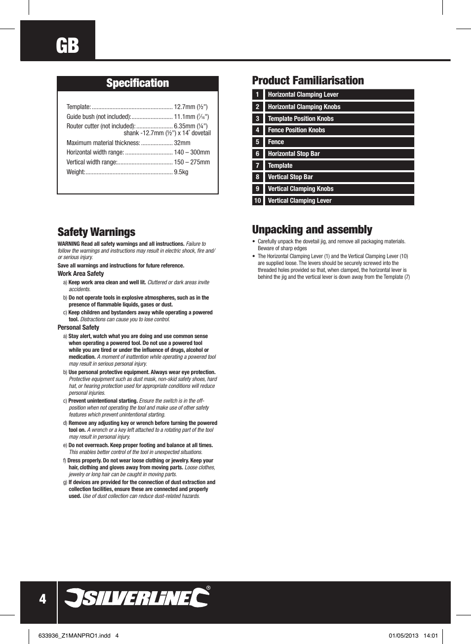 Safety warnings, Specification, Product familiarisation unpacking and assembly | Silverline Dovetail Jig 300mm User Manual | Page 5 / 28