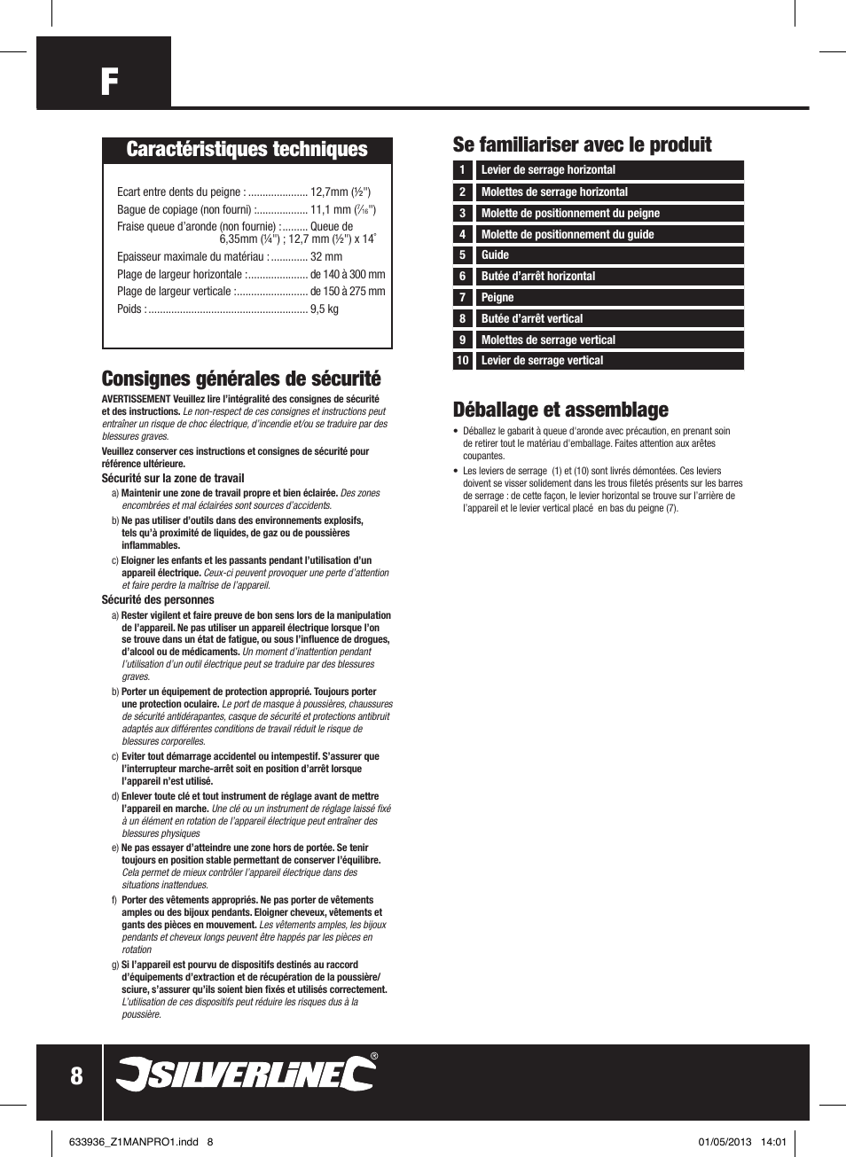 Consignes générales de sécurité, Caractéristiques techniques | Silverline Dovetail Jig 300mm User Manual | Page 9 / 28