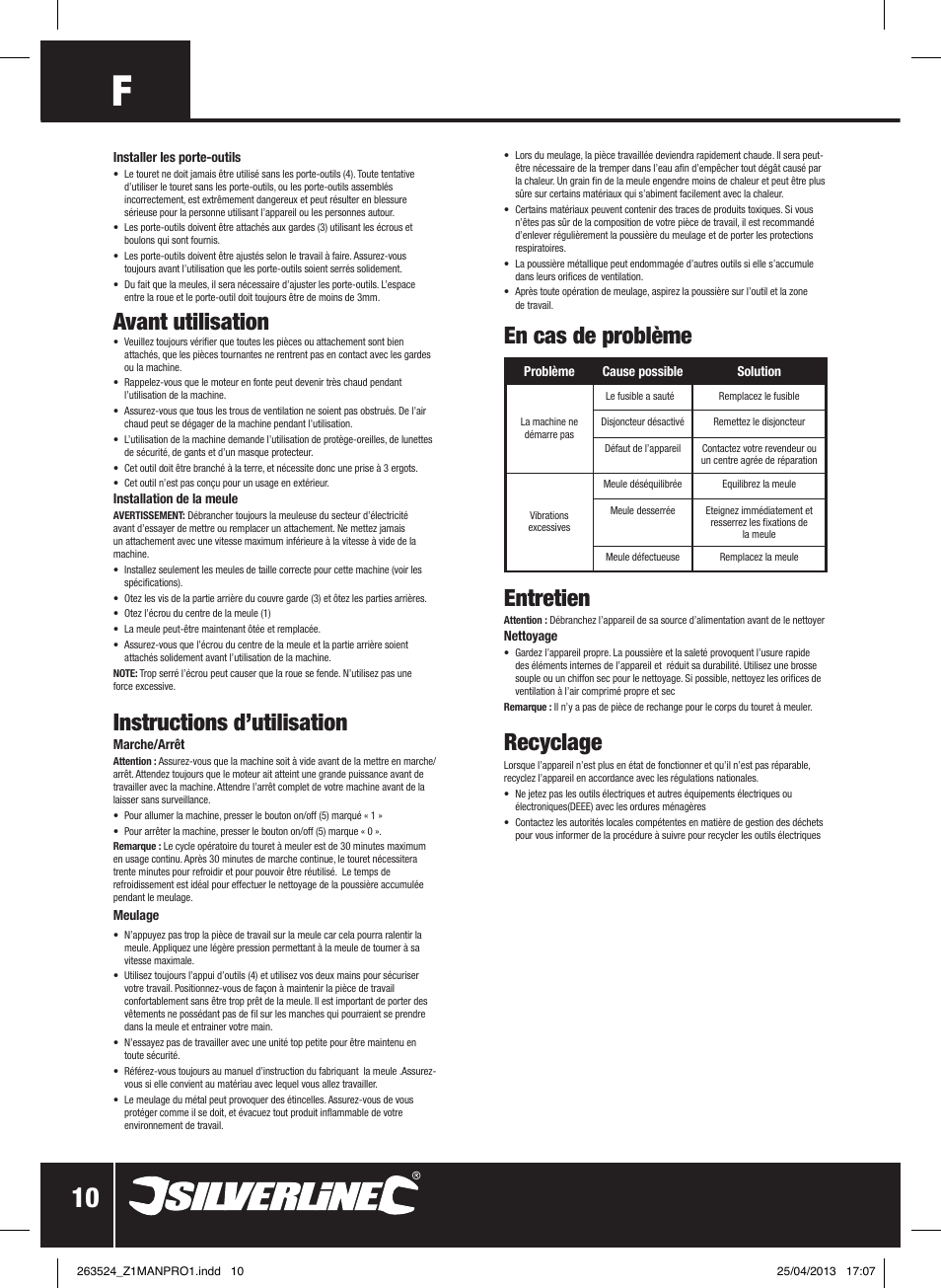 Entretien, Recyclage, Avant utilisation | Instructions d’utilisation, En cas de problème | Silverline Bench Grinder 200W User Manual | Page 11 / 28