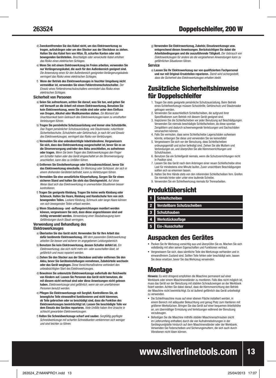 Produktübersicht, Auspacken des gerätes, Montage | Silverline Bench Grinder 200W User Manual | Page 14 / 28