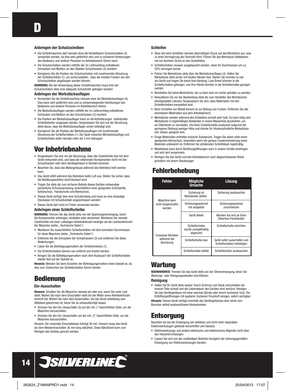 Wartung, Entsorgung, Vor inbetriebnahme | Bedienung, Fehlerbehebung | Silverline Bench Grinder 200W User Manual | Page 15 / 28