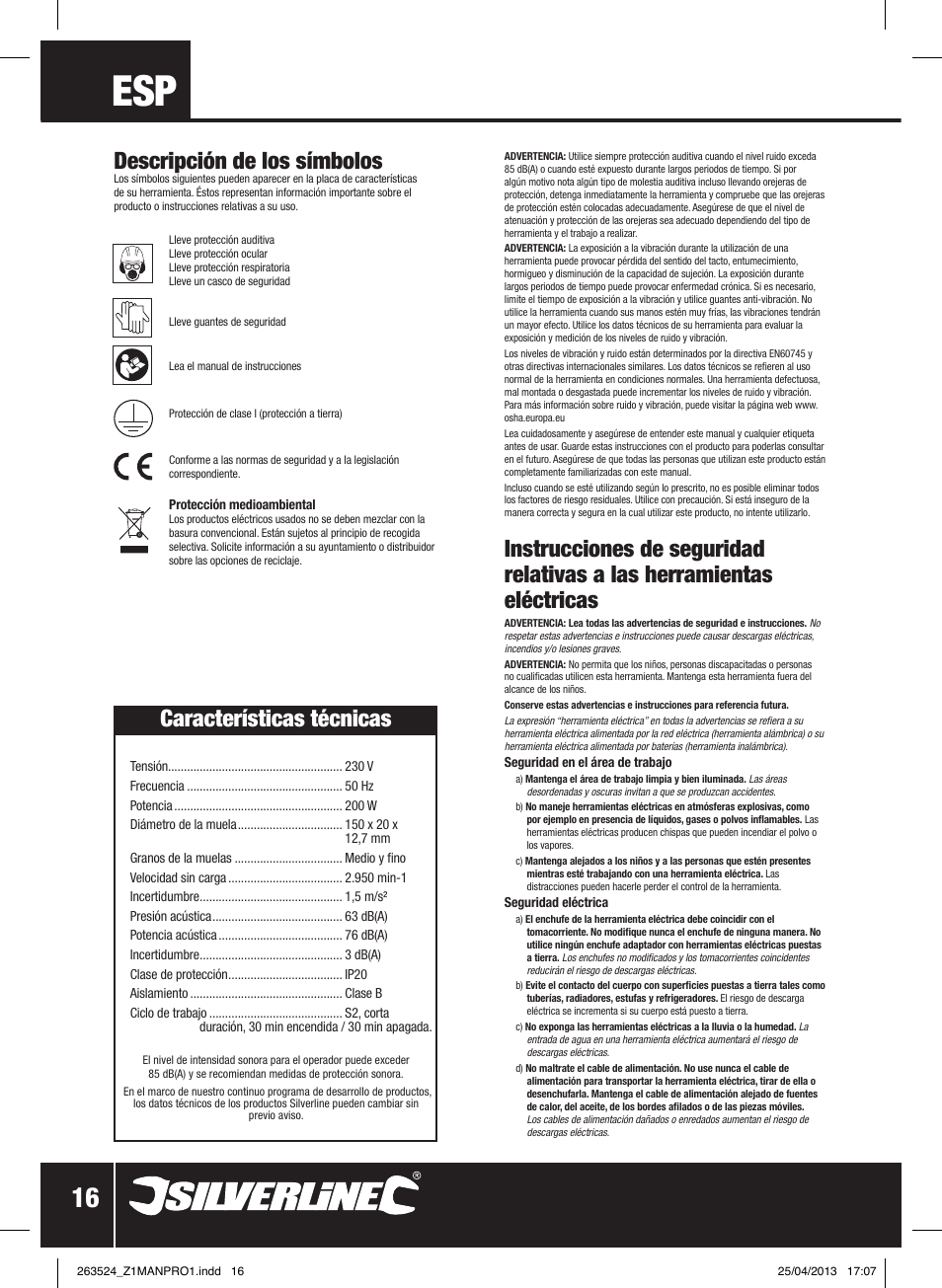 Descripción de los símbolos, Características técnicas | Silverline Bench Grinder 200W User Manual | Page 17 / 28