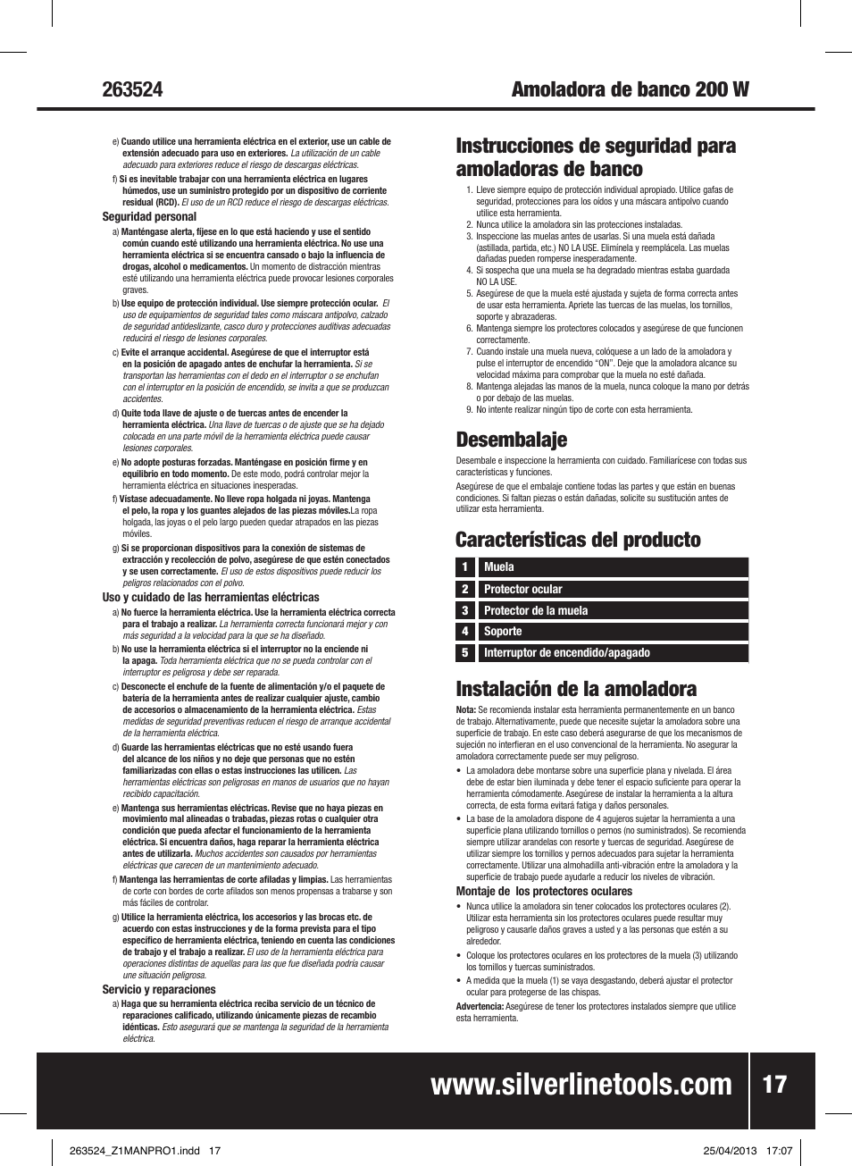 Desembalaje, Características del producto, Instalación de la amoladora | Silverline Bench Grinder 200W User Manual | Page 18 / 28