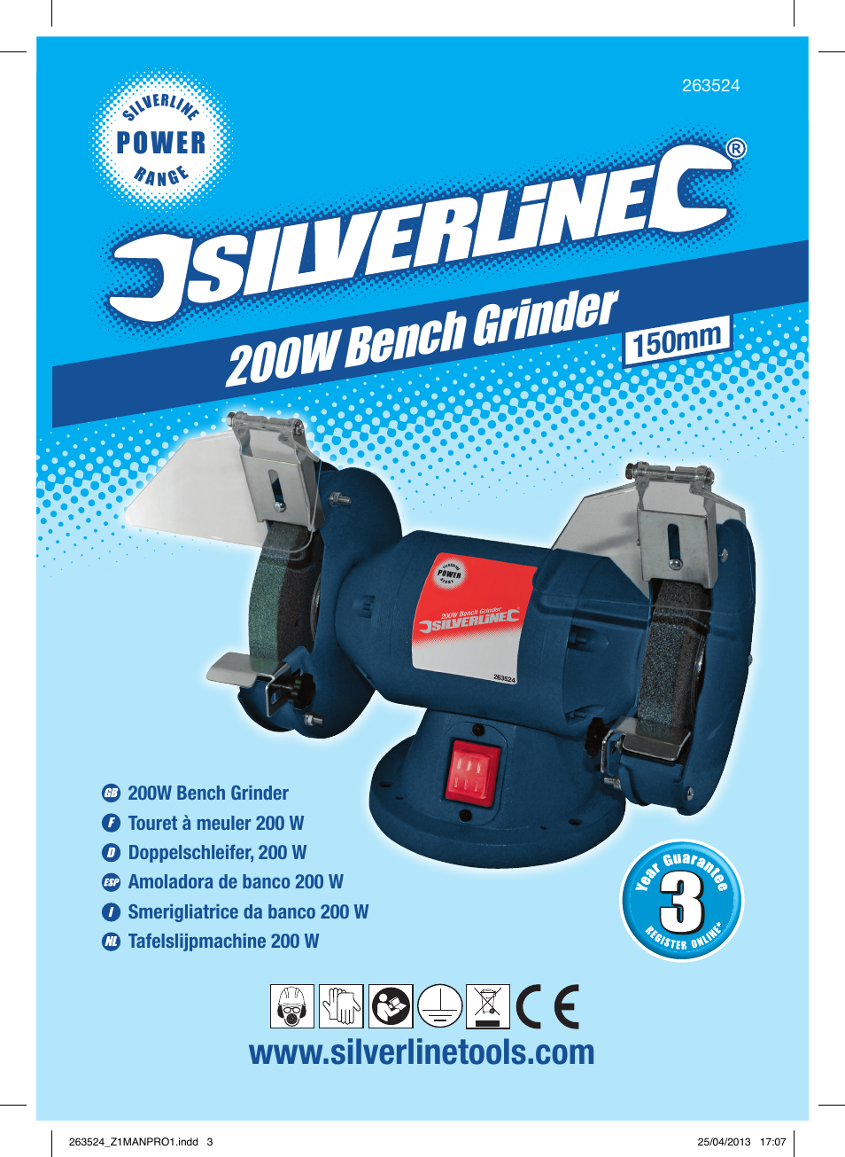 200w bench grind er, 150mm, Power | Silverline Bench Grinder 200W User Manual | Page 2 / 28