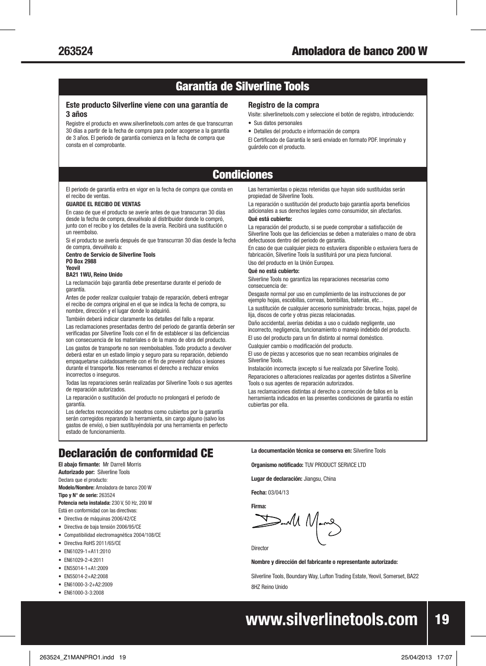 Declaración de conformidad ce | Silverline Bench Grinder 200W User Manual | Page 20 / 28