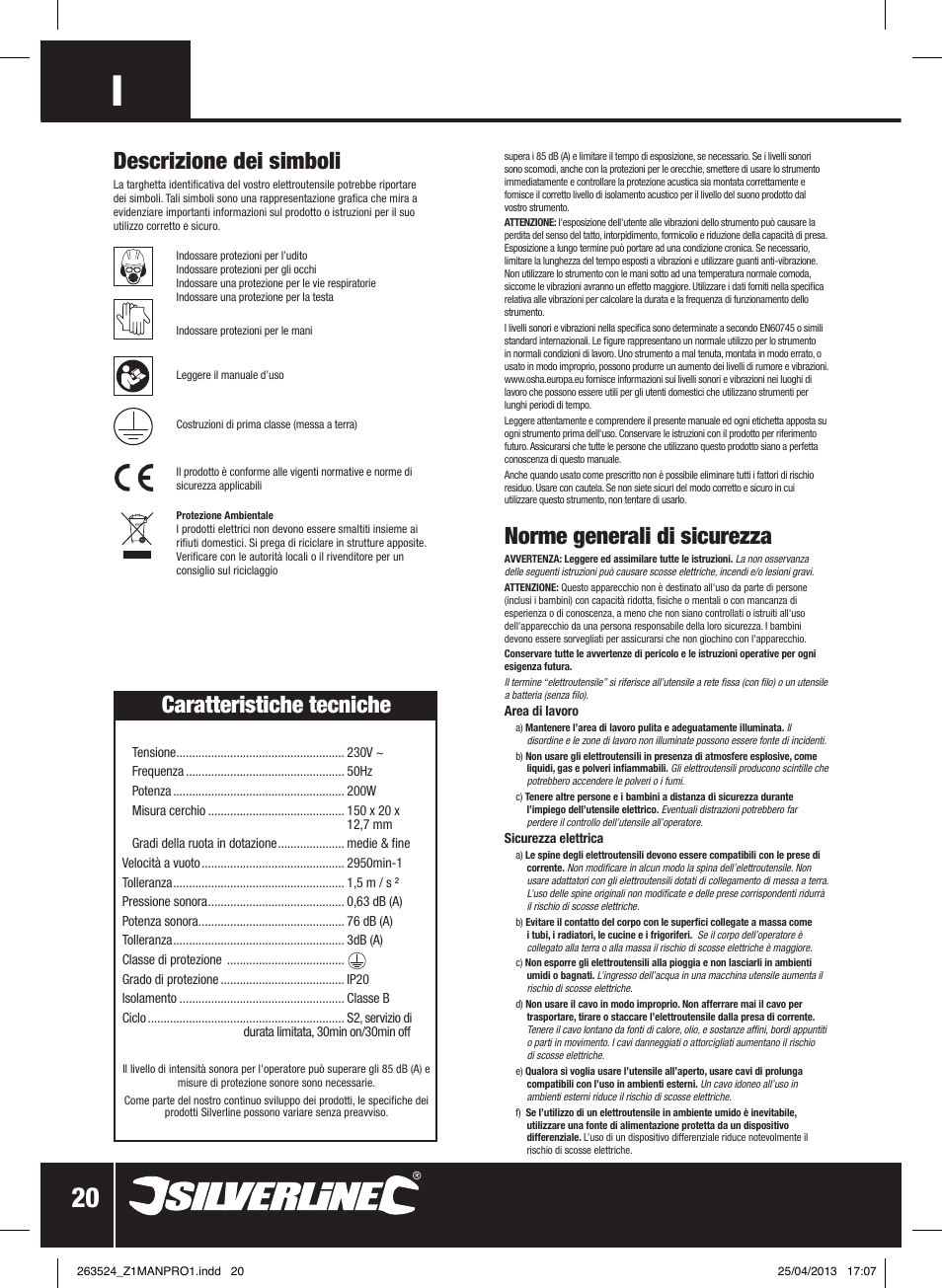 Descrizione dei simboli, Norme generali di sicurezza, Caratteristiche tecniche | Silverline Bench Grinder 200W User Manual | Page 21 / 28