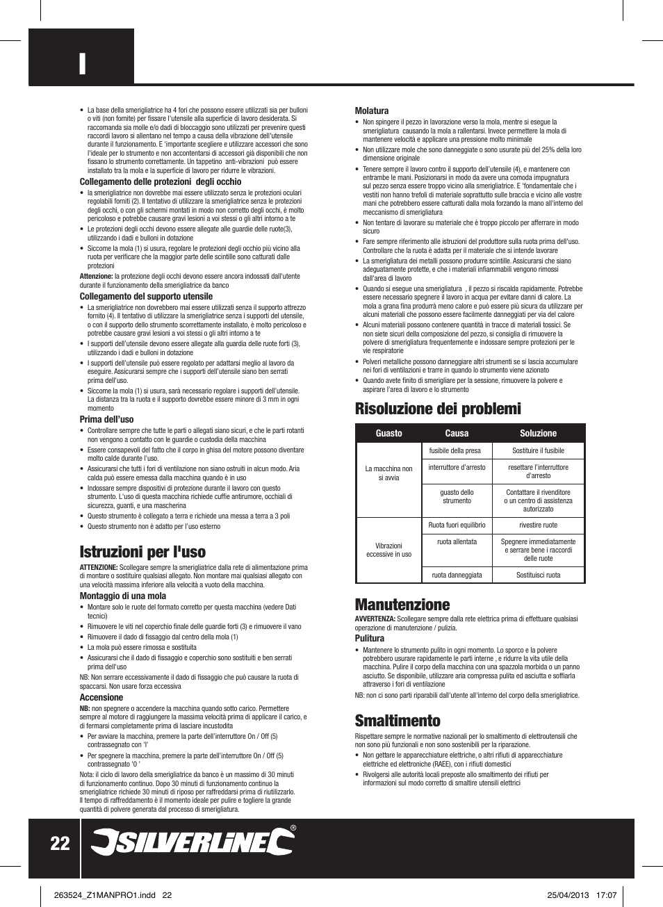 Manutenzione, Smaltimento, Istruzioni per l'uso | Risoluzione dei problemi | Silverline Bench Grinder 200W User Manual | Page 23 / 28