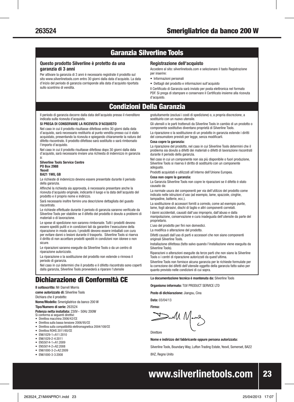 Dichiarazione di conformità ce | Silverline Bench Grinder 200W User Manual | Page 24 / 28
