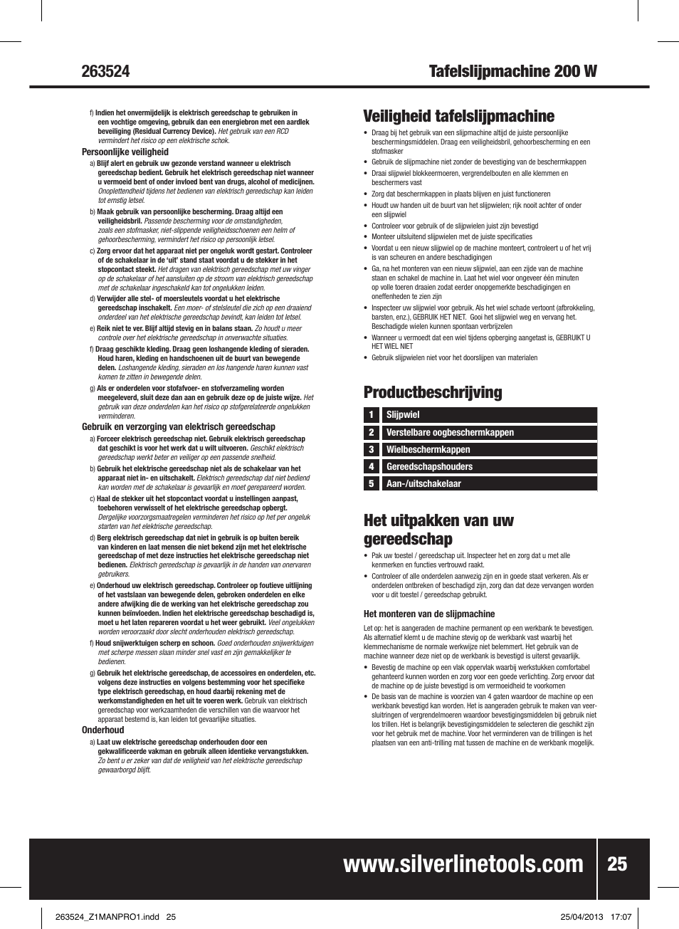 Veiligheid tafelslijpmachine, Productbeschrijving, Het uitpakken van uw gereedschap | Silverline Bench Grinder 200W User Manual | Page 26 / 28