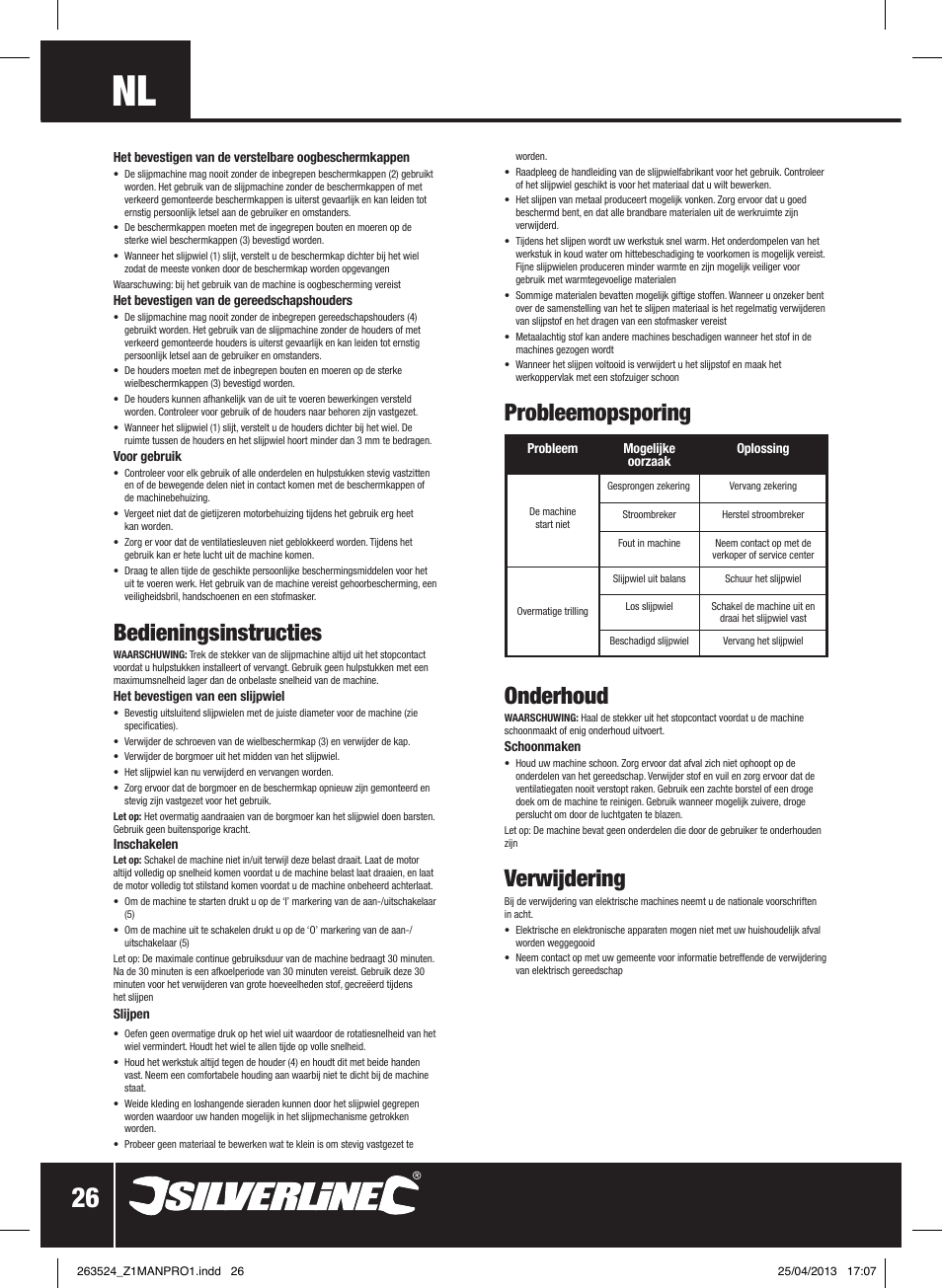 Onderhoud, Verwijdering, Bedieningsinstructies | Probleemopsporing | Silverline Bench Grinder 200W User Manual | Page 27 / 28