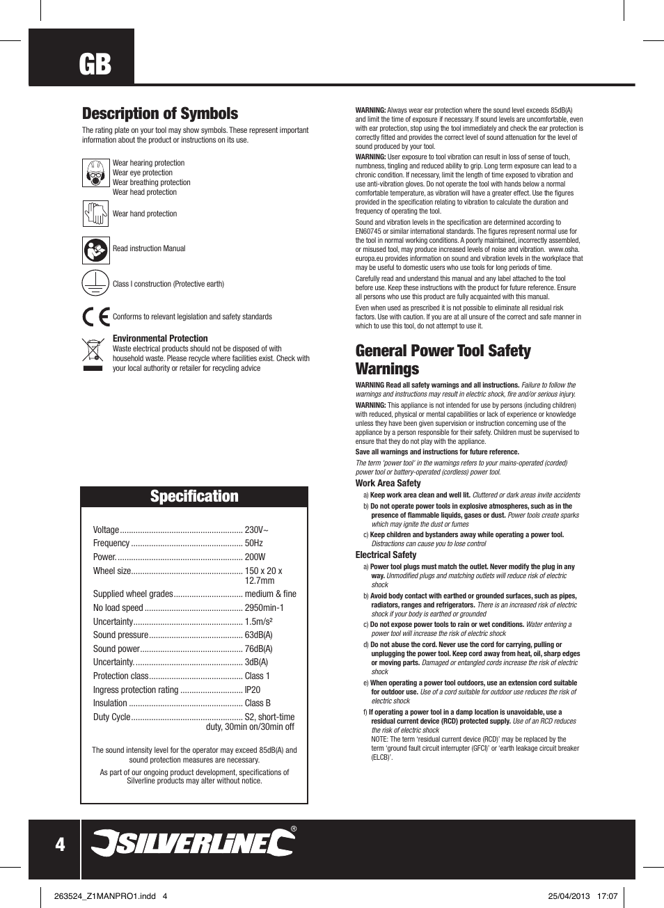 General power tool safety warnings, Description of symbols, Specification | Silverline Bench Grinder 200W User Manual | Page 5 / 28