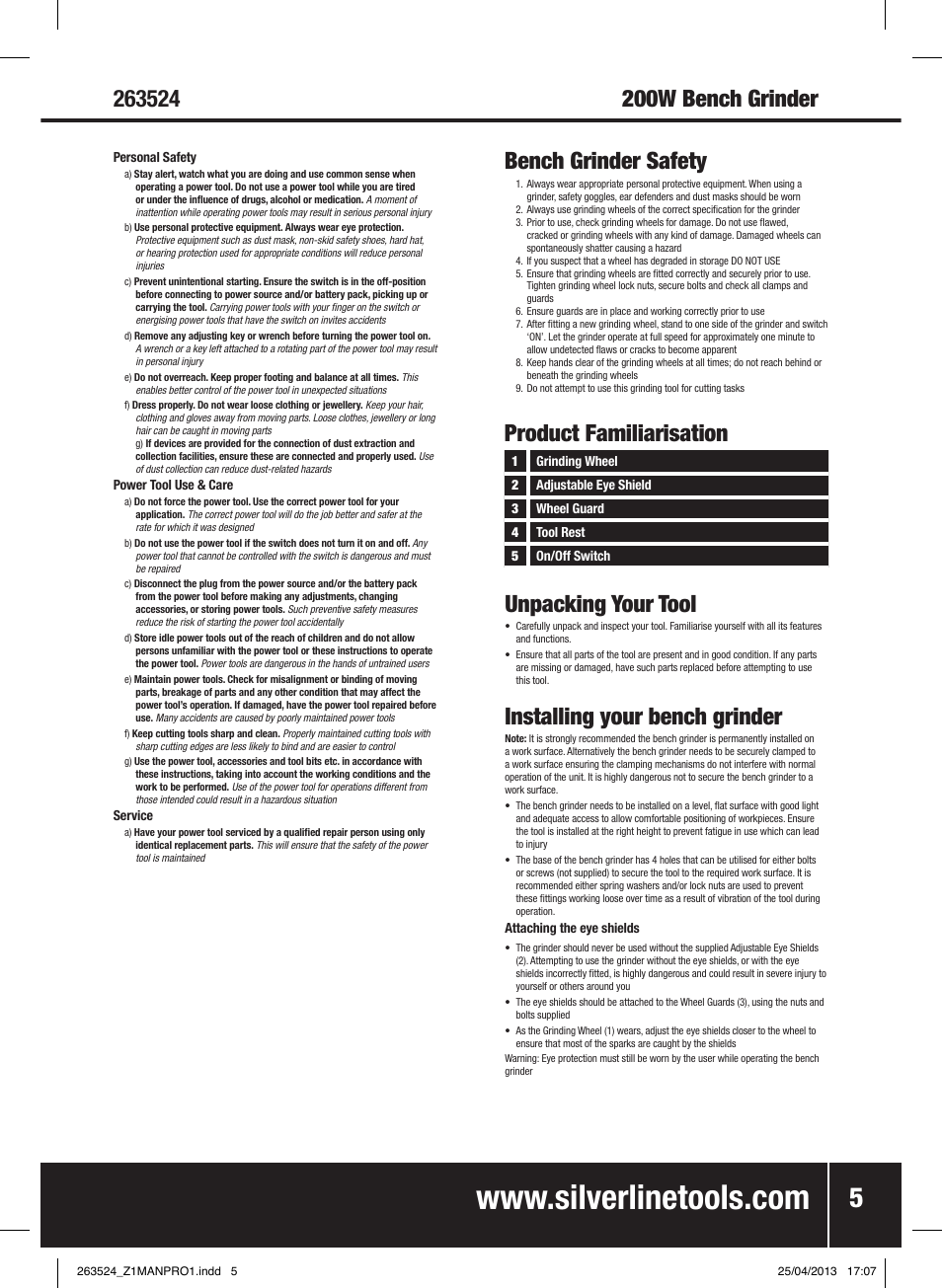Bench grinder safety, 200w bench grinder, Product familiarisation unpacking your tool | Installing your bench grinder | Silverline Bench Grinder 200W User Manual | Page 6 / 28