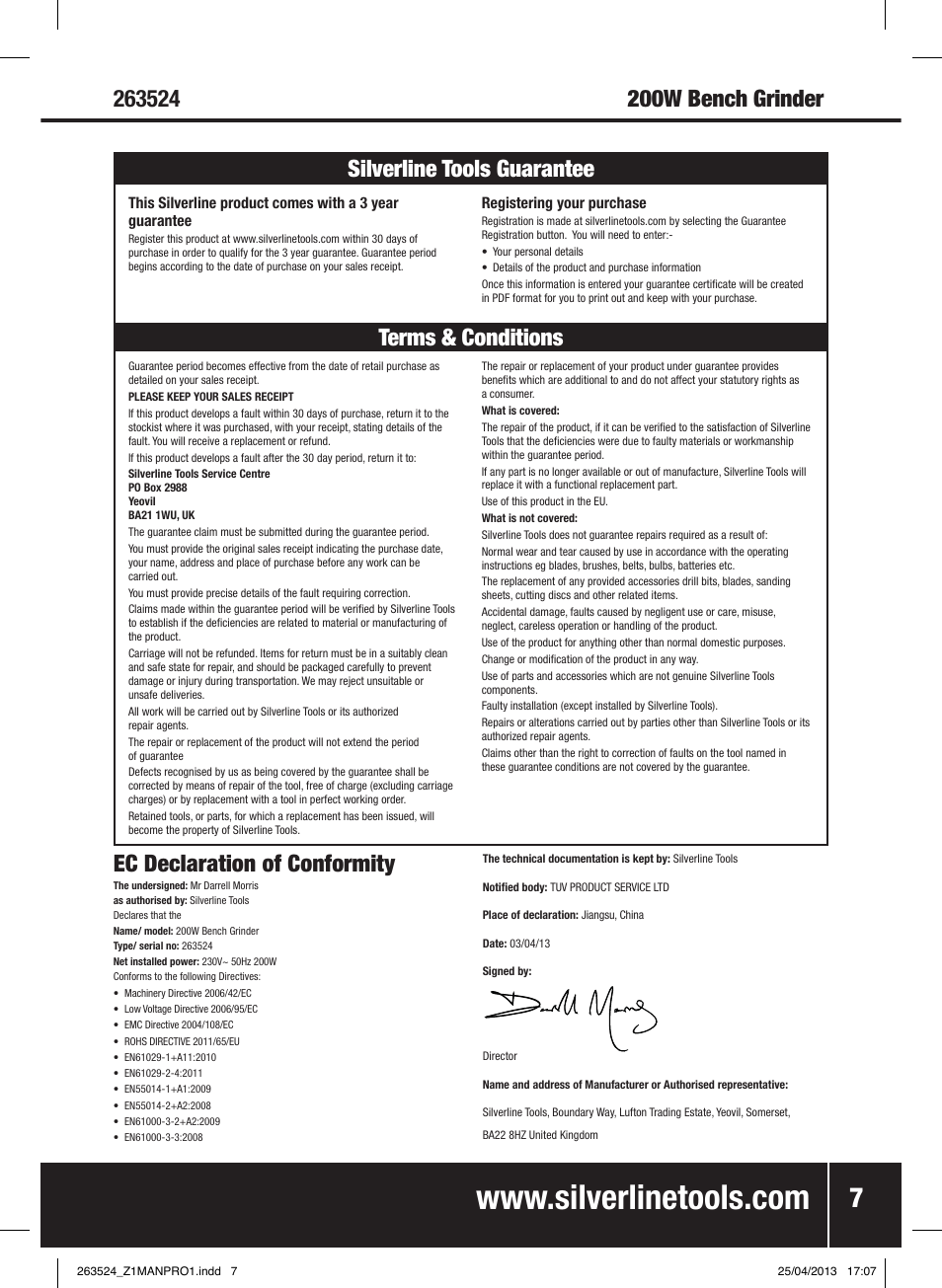 Ec declaration of conformity, 200w bench grinder | Silverline Bench Grinder 200W User Manual | Page 8 / 28