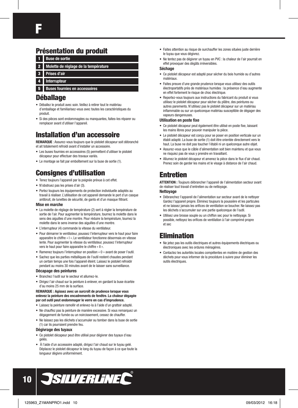 Déballage, Installation d’un accessoire, Consignes d’utilisation | Entretien, Elimination, Présentation du produit | Silverline Hot Air Gun Adjustable 2000W User Manual | Page 11 / 28