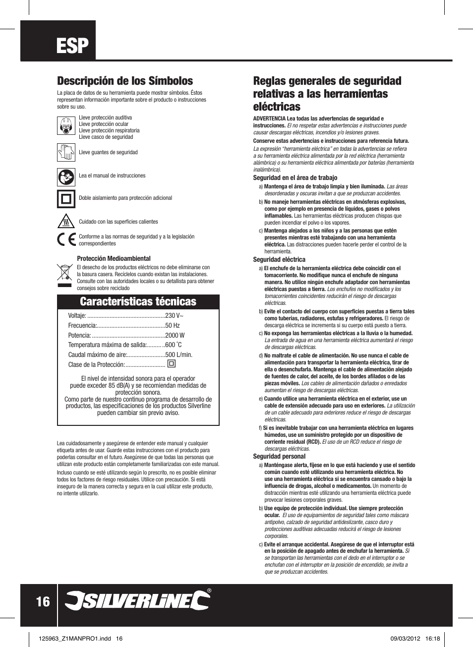 Características técnicas, Descripción de los símbolos | Silverline Hot Air Gun Adjustable 2000W User Manual | Page 17 / 28