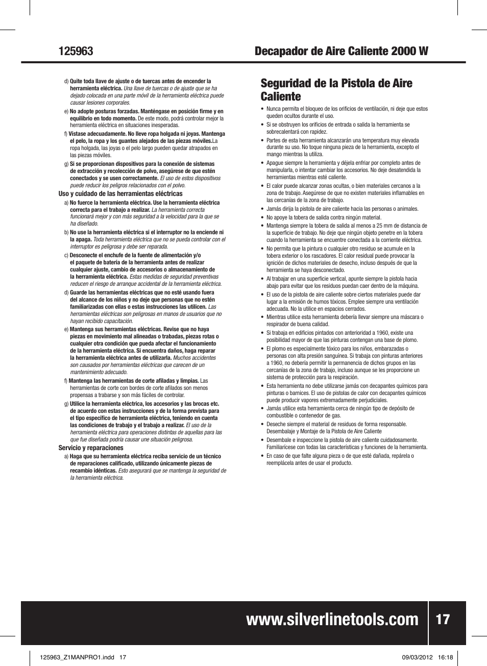 Seguridad de la pistola de aire caliente | Silverline Hot Air Gun Adjustable 2000W User Manual | Page 18 / 28