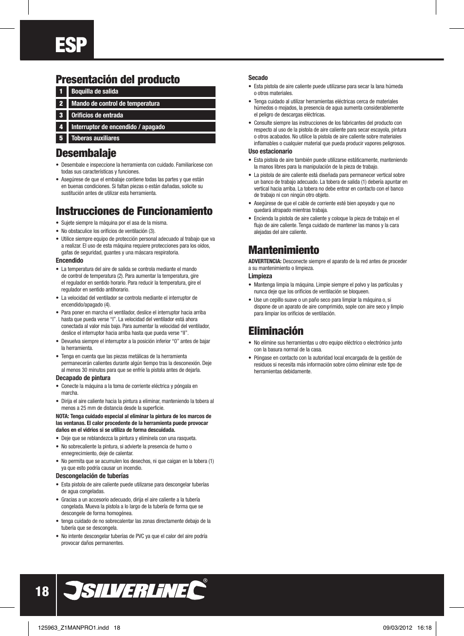 Desembalaje, Instrucciones de funcionamiento, Mantenimiento | Eliminación, Presentación del producto | Silverline Hot Air Gun Adjustable 2000W User Manual | Page 19 / 28