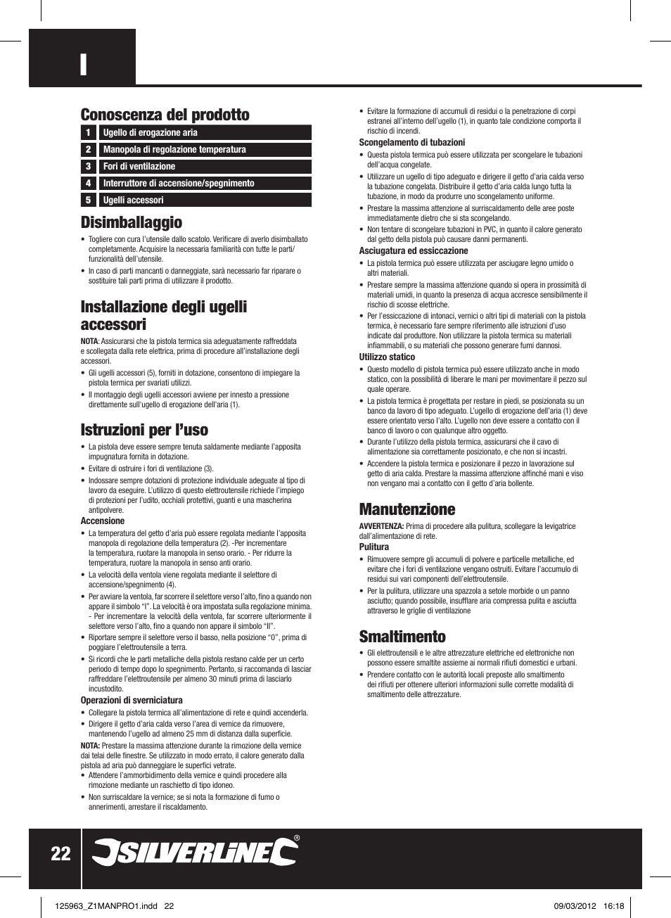 Disimballaggio, Installazione degli ugelli accessori, Istruzioni per l’uso | Manutenzione, Smaltimento, Conoscenza del prodotto | Silverline Hot Air Gun Adjustable 2000W User Manual | Page 23 / 28