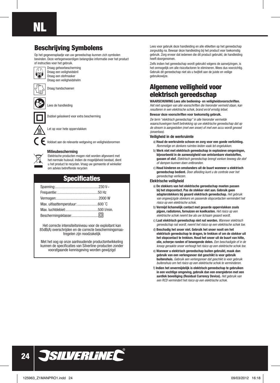 Specificaties, Algemene veiligheid voor elektrisch gereedschap, Beschrijving symbolens | Silverline Hot Air Gun Adjustable 2000W User Manual | Page 25 / 28
