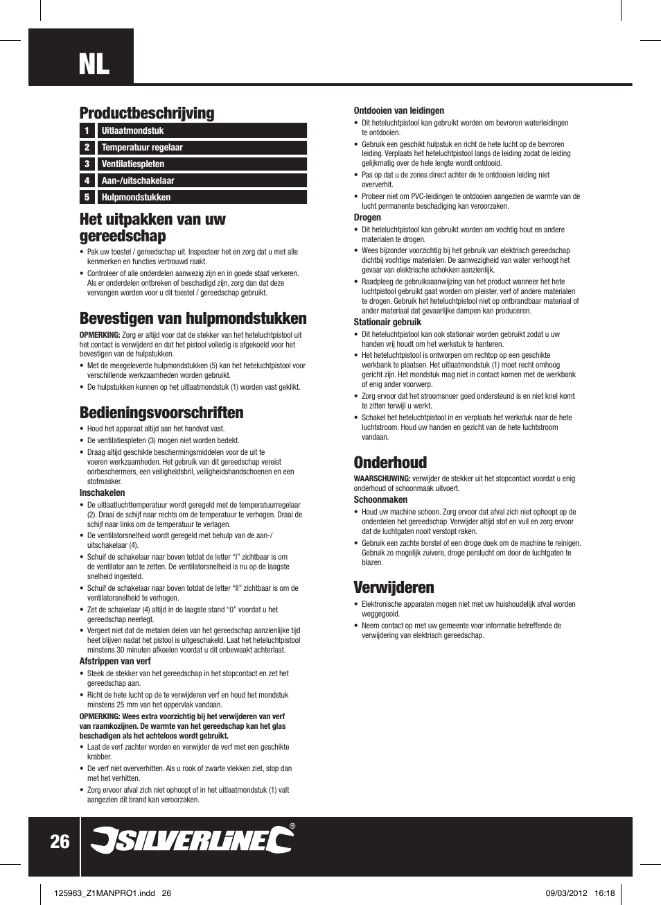 Het uitpakken van uw gereedschap, Bevestigen van hulpmondstukken, Bedieningsvoorschriften | Onderhoud, Verwijderen, Productbeschrijving | Silverline Hot Air Gun Adjustable 2000W User Manual | Page 27 / 28