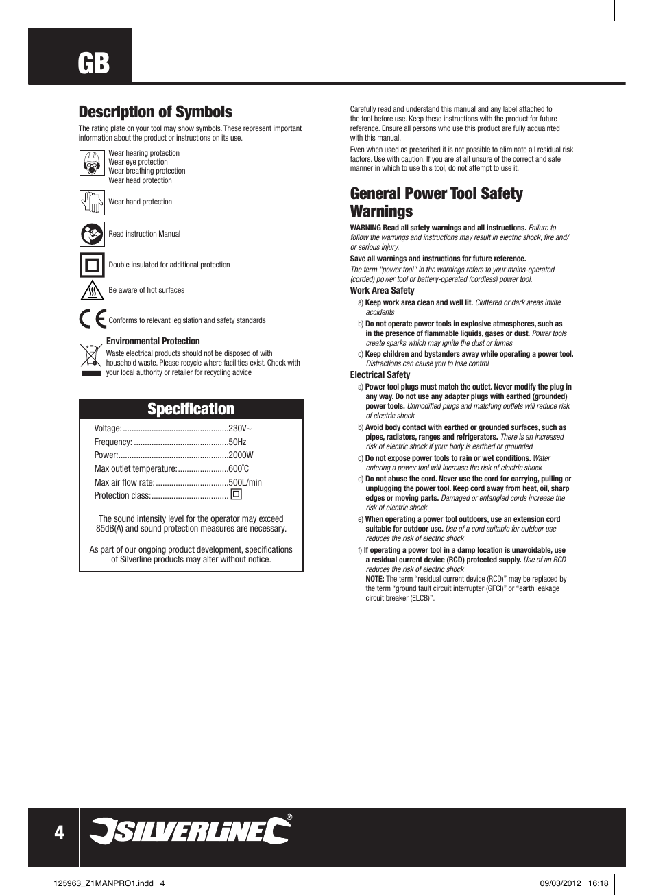 General power tool safety warnings, Specification, Description of symbols | Silverline Hot Air Gun Adjustable 2000W User Manual | Page 5 / 28