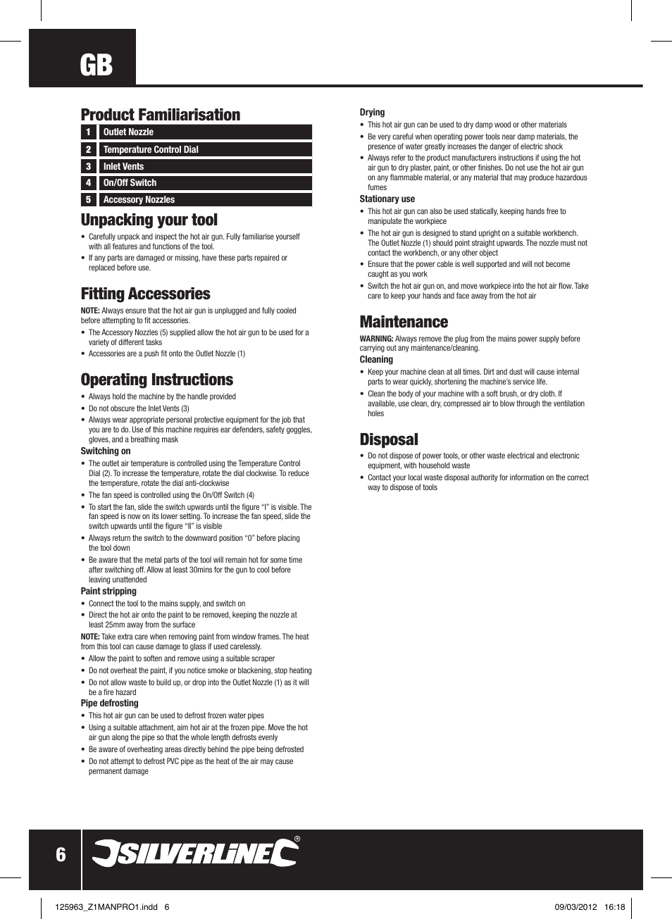 Unpacking your tool, Fitting accessories, Operating instructions | Maintenance, Disposal, Product familiarisation | Silverline Hot Air Gun Adjustable 2000W User Manual | Page 7 / 28