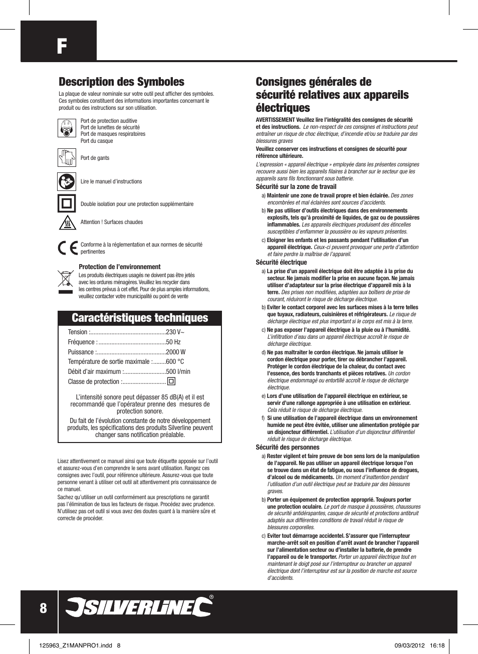 Caractéristiques techniques, Description des symboles | Silverline Hot Air Gun Adjustable 2000W User Manual | Page 9 / 28