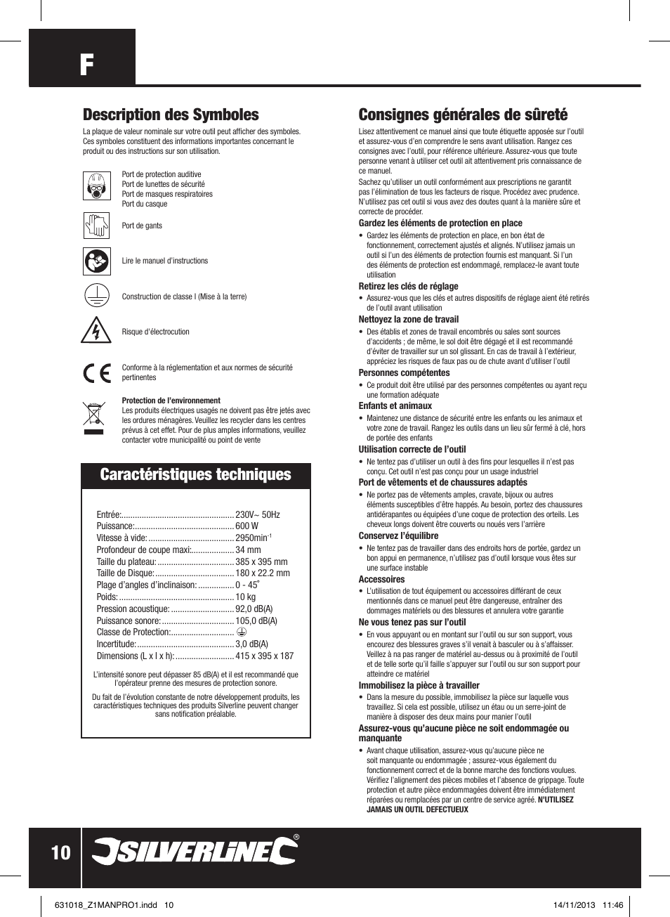 Consignes générales de sûreté, Description des symboles, Caractéristiques techniques | Silverline Tile Cutter 600W User Manual | Page 11 / 40