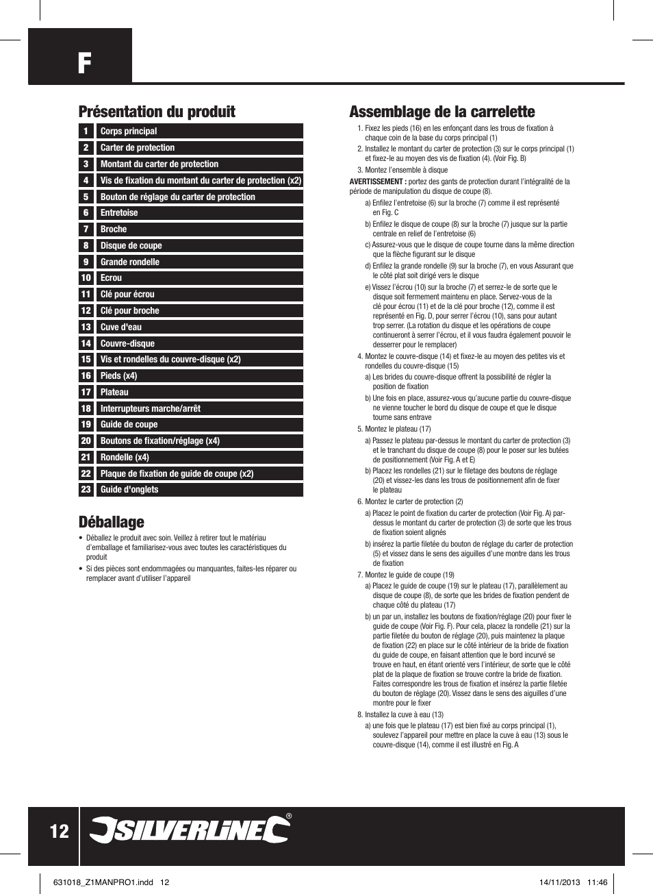 Déballage, Assemblage de la carrelette, Présentation du produit | Silverline Tile Cutter 600W User Manual | Page 13 / 40