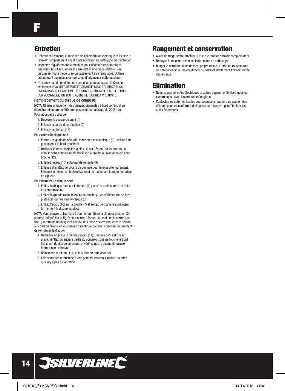 Entretien, Rangement et conservation, Elimination | Silverline Tile Cutter 600W User Manual | Page 15 / 40