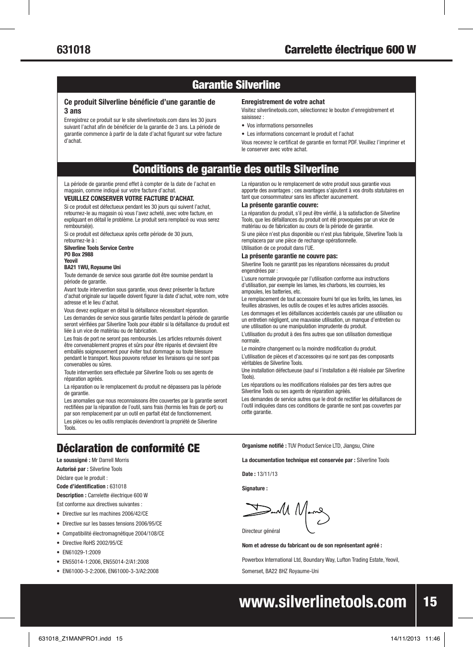 Déclaration de conformité ce | Silverline Tile Cutter 600W User Manual | Page 16 / 40