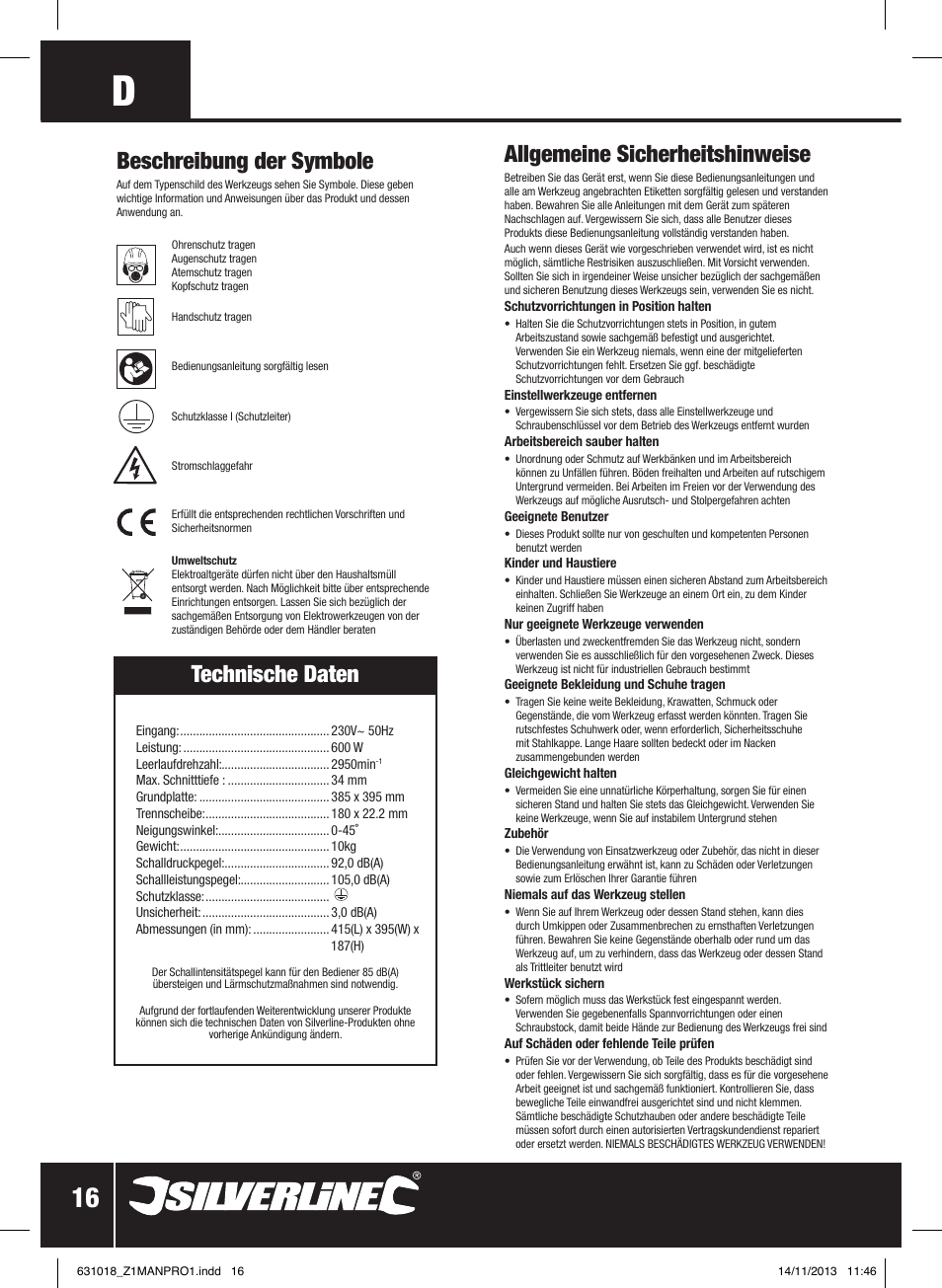 Allgemeine sicherheitshinweise, Beschreibung der symbole, Technische daten | Silverline Tile Cutter 600W User Manual | Page 17 / 40