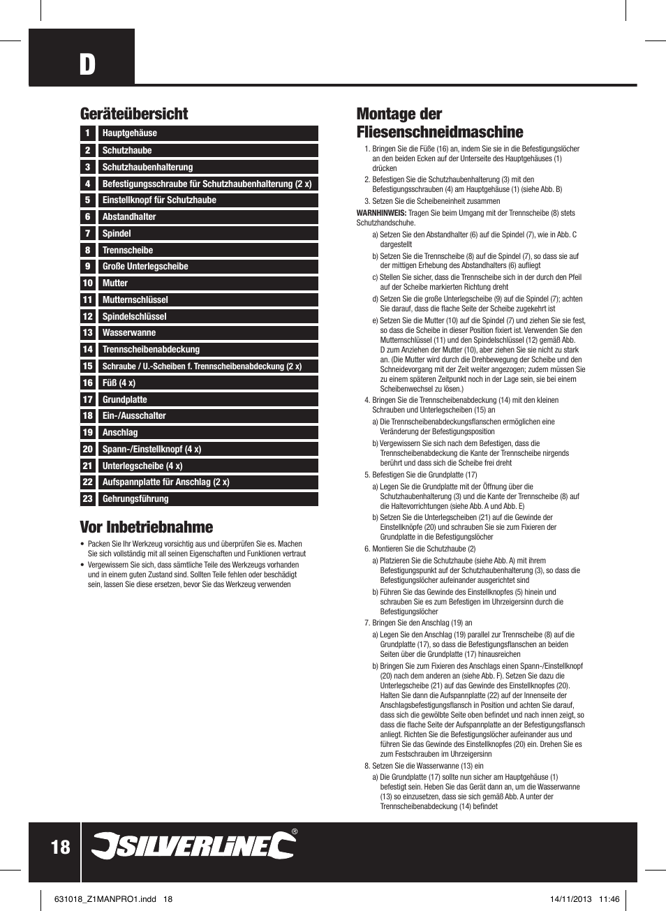 Vor inbetriebnahme, Montage der fliesenschneidmaschine, Geräteübersicht | Silverline Tile Cutter 600W User Manual | Page 19 / 40