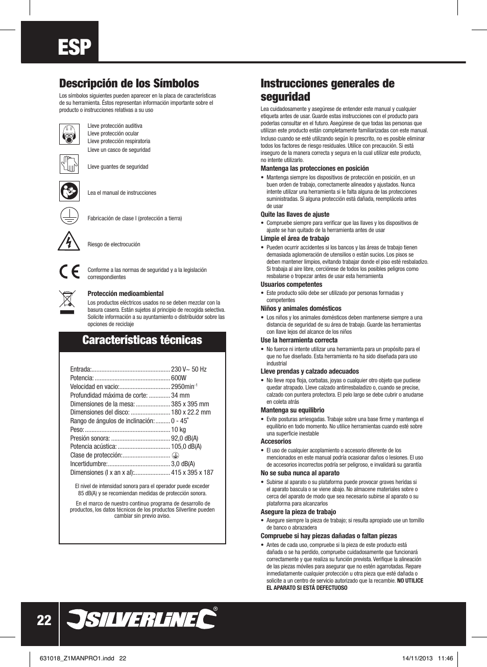 Instrucciones generales de seguridad, Descripción de los símbolos, Características técnicas | Silverline Tile Cutter 600W User Manual | Page 23 / 40