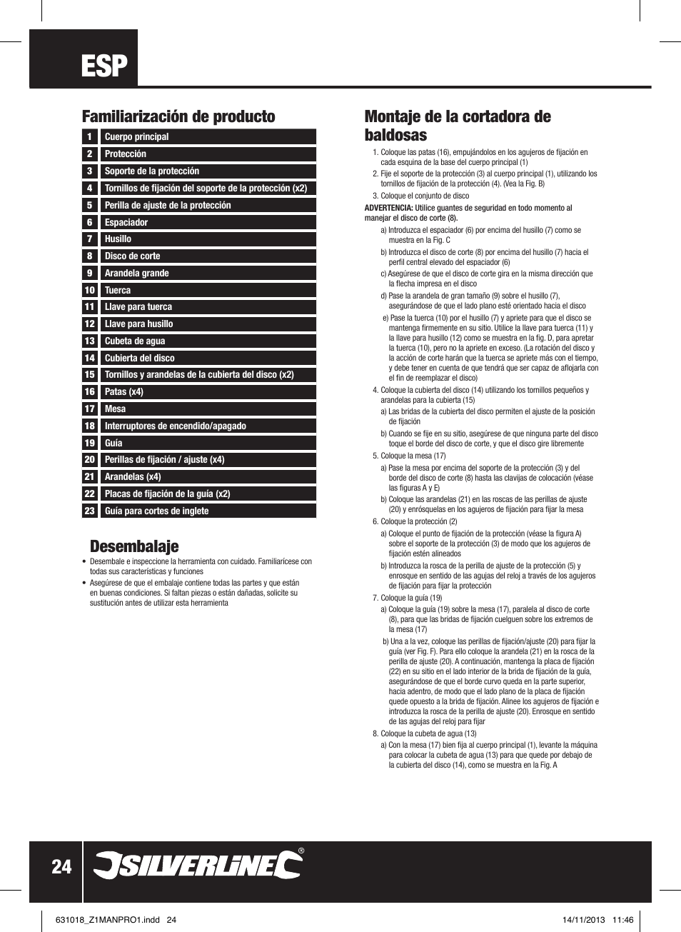 Desembalaje, Montaje de la cortadora de baldosas, Familiarización de producto | Silverline Tile Cutter 600W User Manual | Page 25 / 40