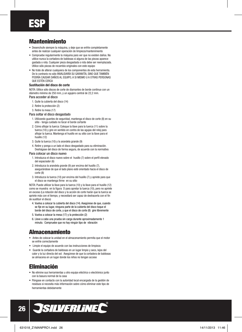 Mantenimiento, Almacenamiento, Eliminación | Silverline Tile Cutter 600W User Manual | Page 27 / 40