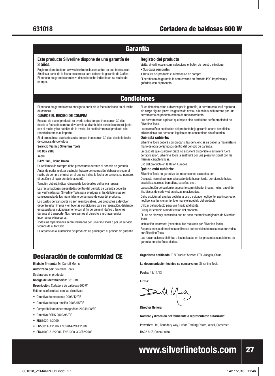 Declaración de conformidad ce | Silverline Tile Cutter 600W User Manual | Page 28 / 40