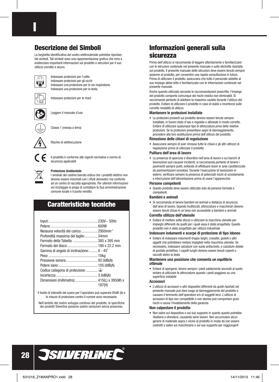 Informazioni generali sulla sicurezza, Descrizione dei simboli, Caratteristiche tecniche | Silverline Tile Cutter 600W User Manual | Page 29 / 40