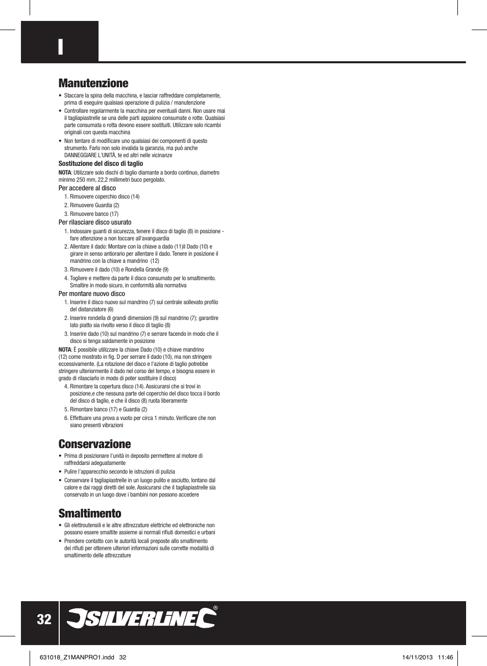 Manutenzione, Conservazione, Smaltimento | Silverline Tile Cutter 600W User Manual | Page 33 / 40