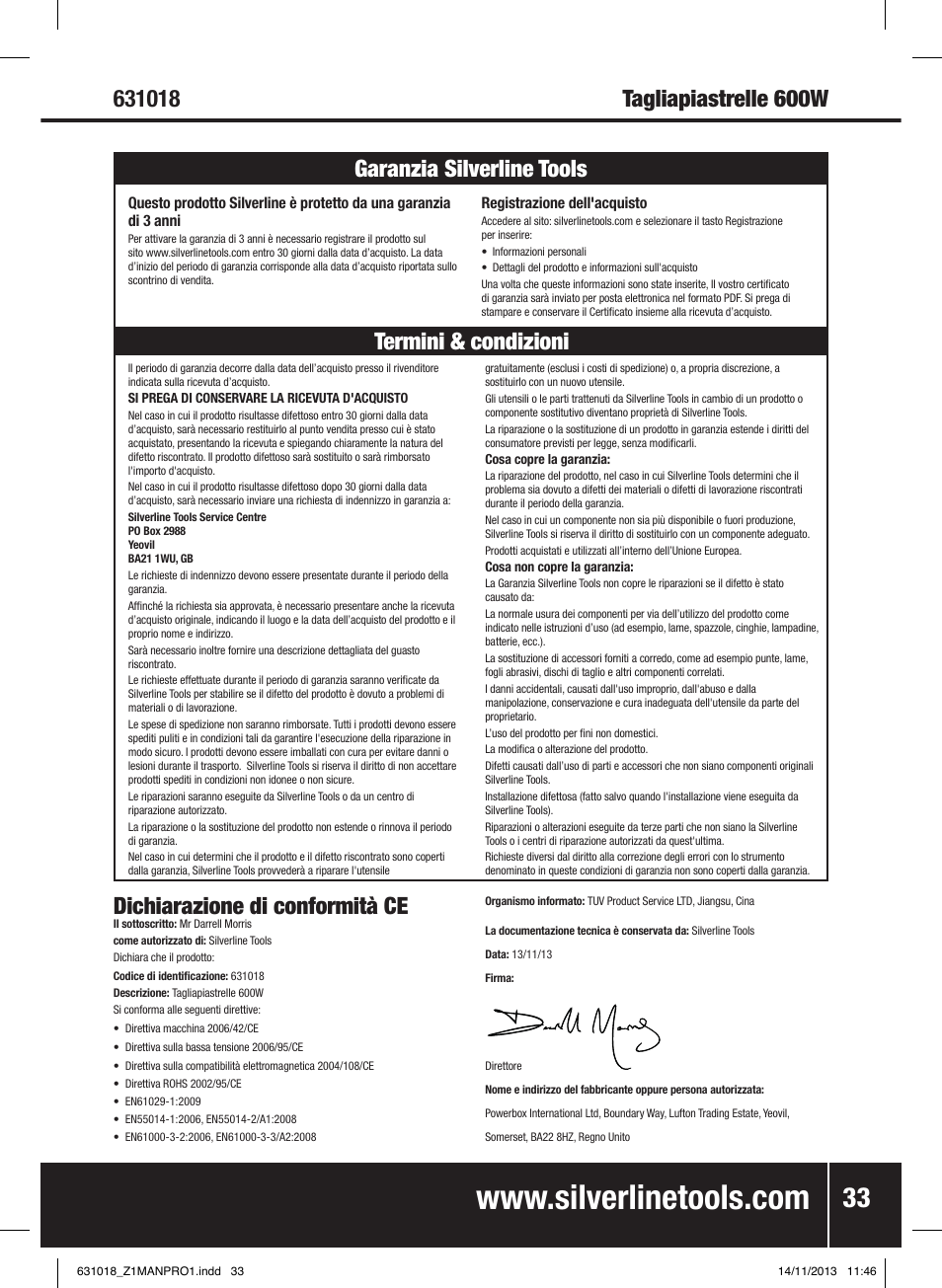 Dichiarazione di conformità ce | Silverline Tile Cutter 600W User Manual | Page 34 / 40